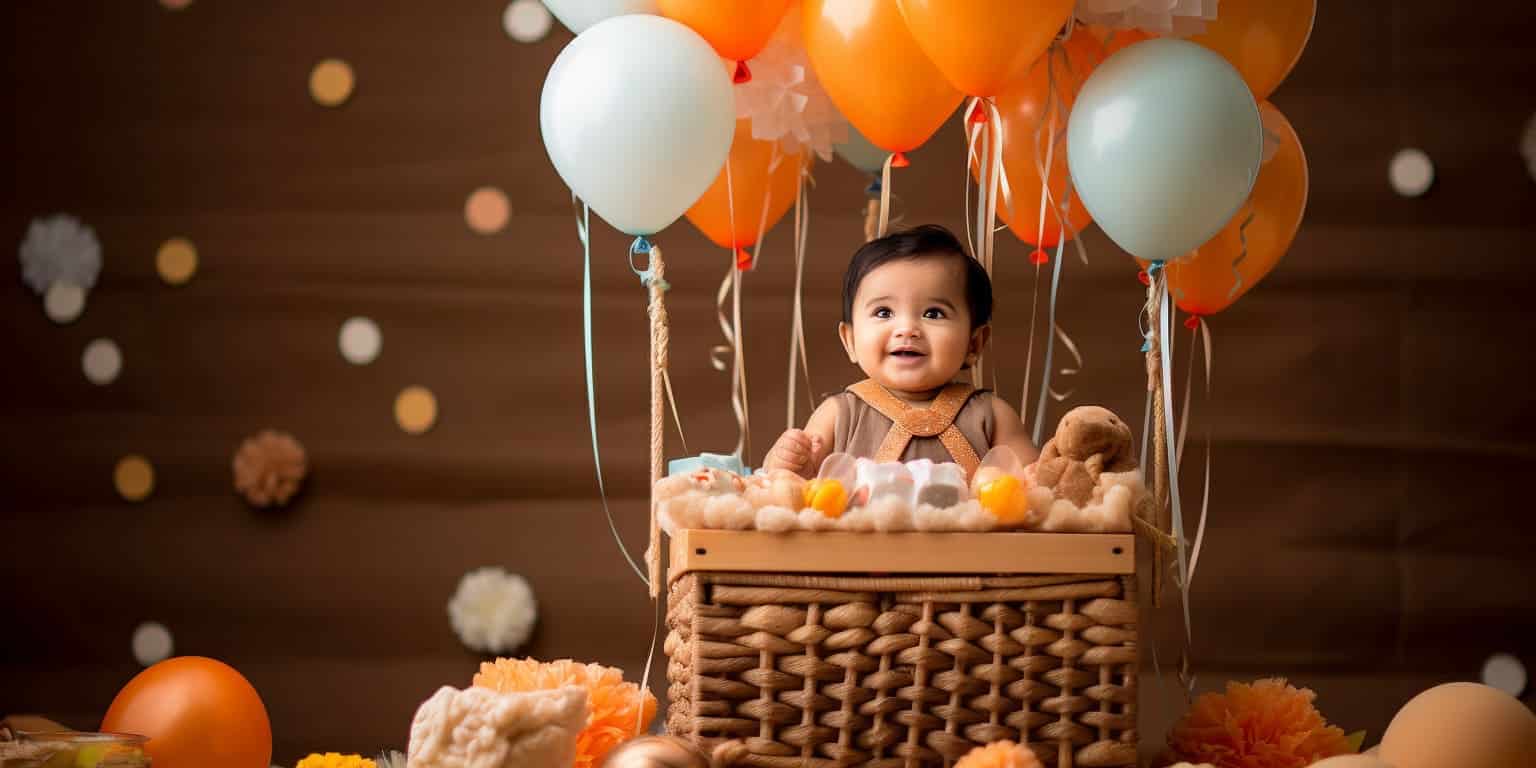 indian baby birthday photoshoot baby in a balloon bask e3d80aa0 a43e 44e2 b309 d54fe20c4e2a