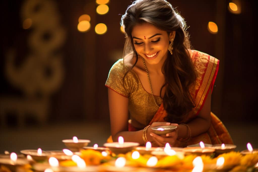 Image of A Traditional Indian Woman In Elegant Look With Diwali Dias and  Posing-LG568227-Picxy