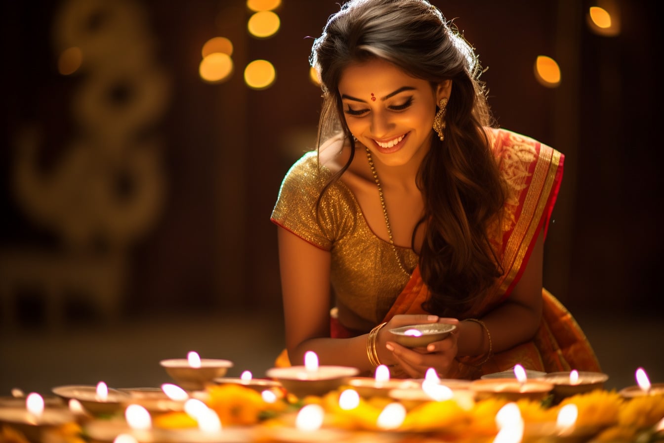 Portrait of an Indian woman holding diyas and lamps on the festive occasion  of Diwali. Celebrations at home Stock Photo - Alamy
